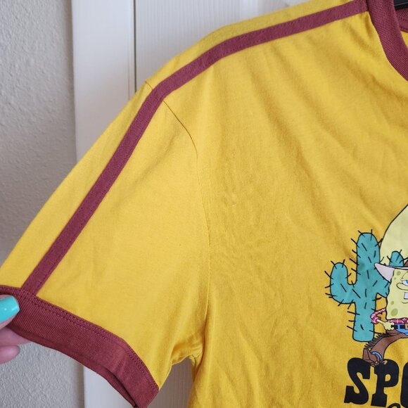 SpongeBob SquarePants Yellow & Brown Graphic Ringer Tee Shirt Cowboy Size S NWT - Picture 5 of 7